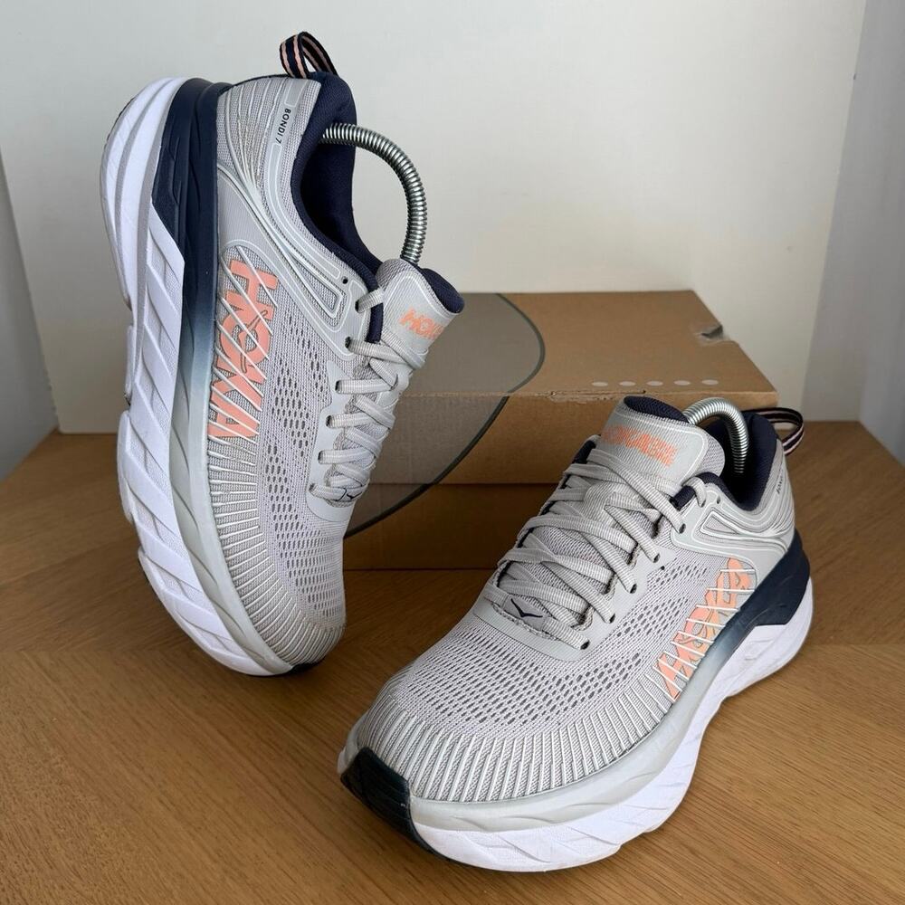HOKA ONE ONE Bondi 7 Grey/Navy Women Running Sneakers- SZ 9